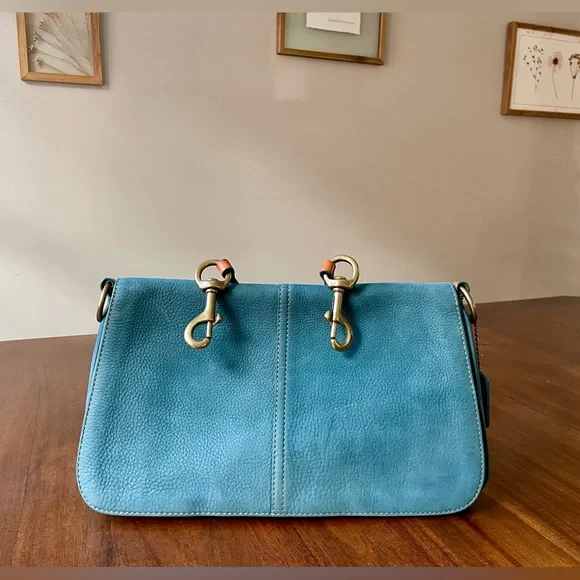 Vintage Coach Chelsea Teal Nubuc Nubuck Flap Hobo - Picture 6 of 12